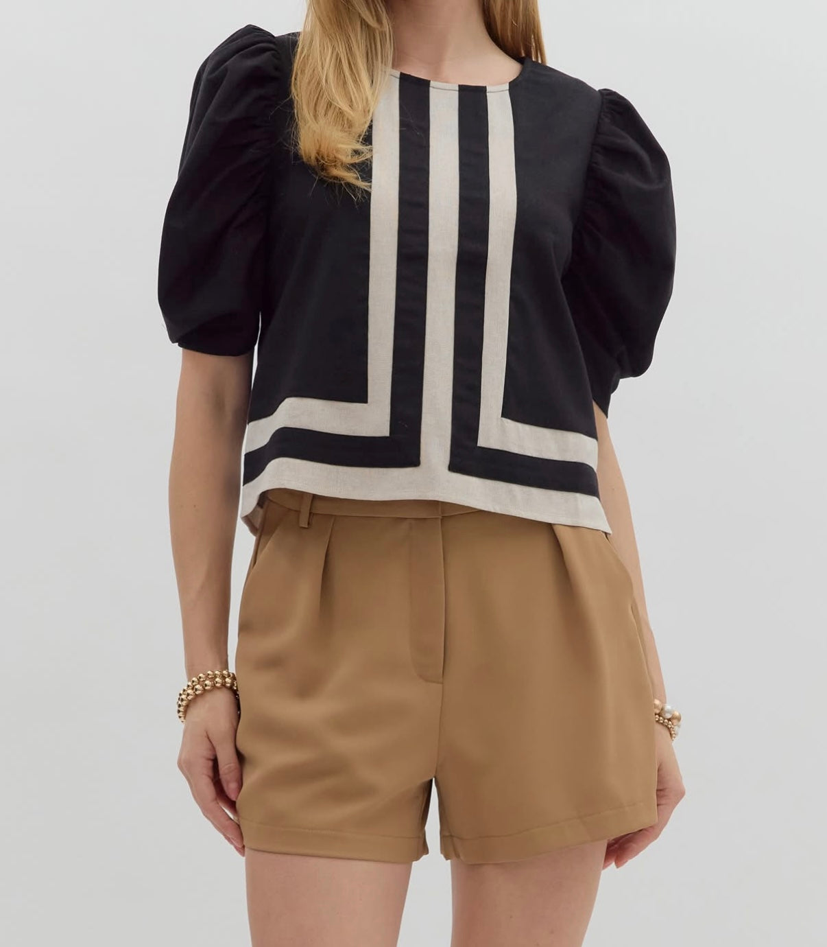 Black/Beige Puff Sleeve Top