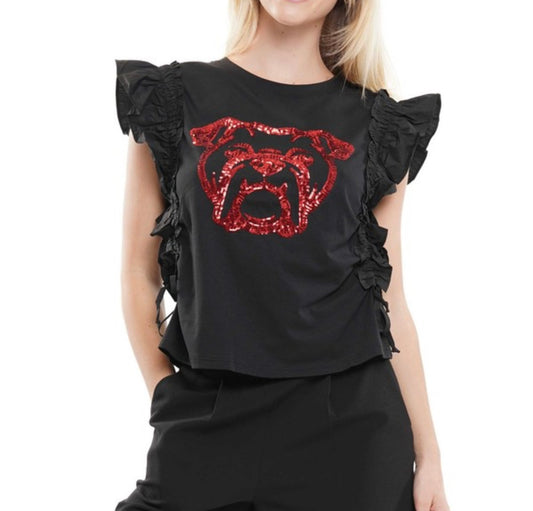 Black/Red Sequin Bulldog Top