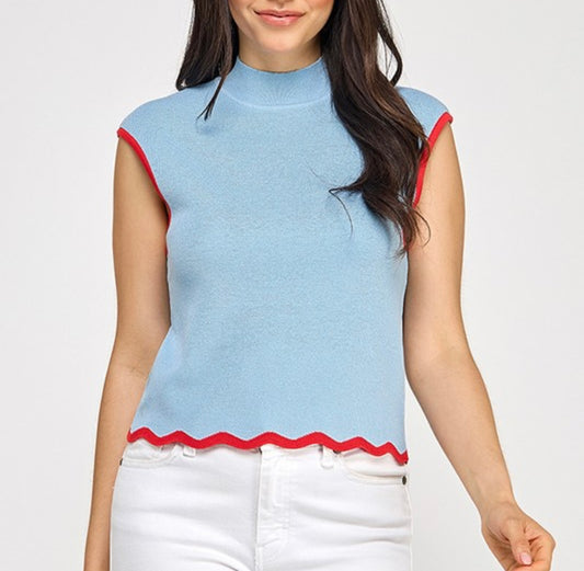 Powder Blue/Red scalloped top