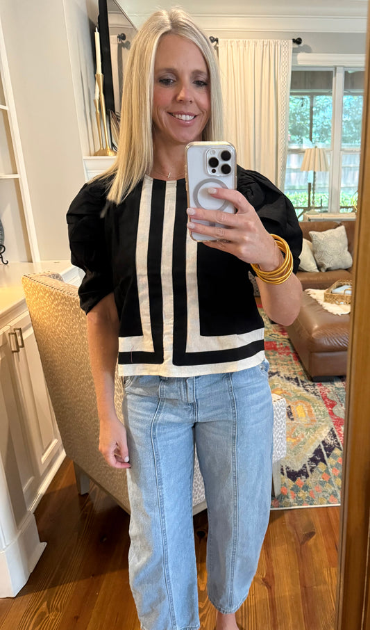 Black/Beige Puff Sleeve Top
