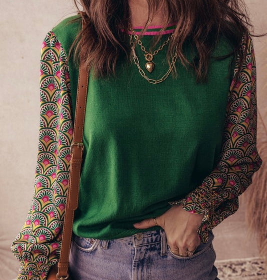 Green Floral Patchwork Sleeve Top