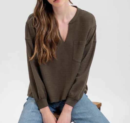 Dark Olive Split Neck Top